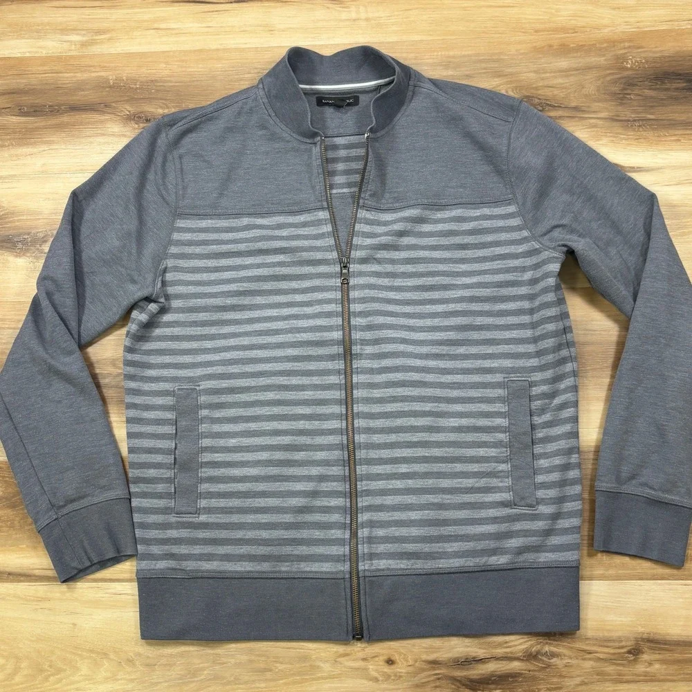 Banana Republic Bomber Sweatshirt Men XL Striped Cotton Blend Zip Up Gray Casual